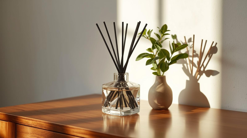 Faceted glass reed diffuser with reeds on a dresser in bright morning light.