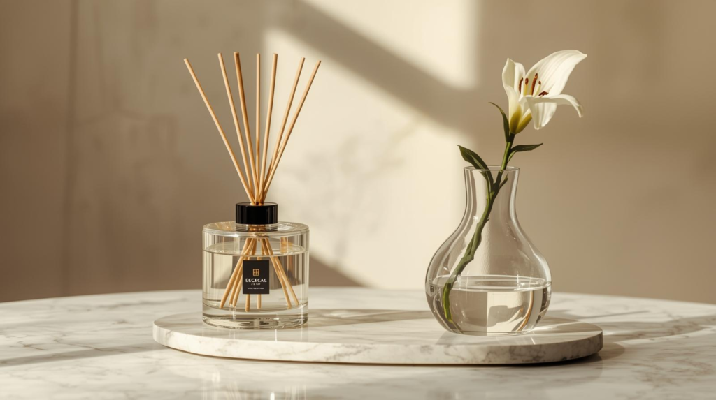 Clear reed diffuser with reeds on a marble tray beside a simple vase in soft daylight.