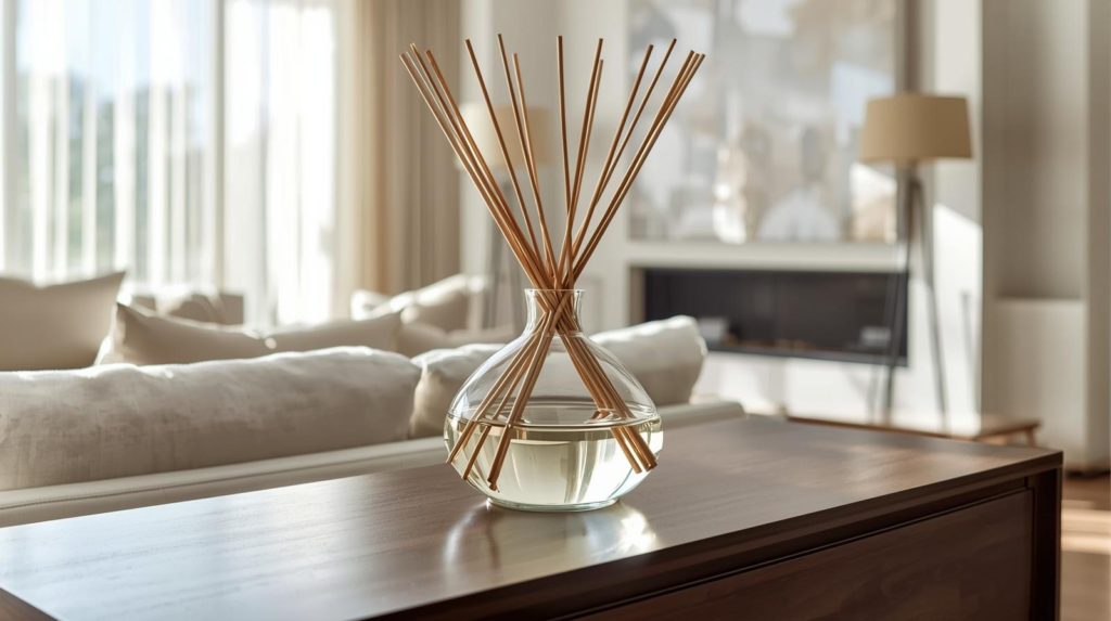 Large clear reed diffuser vessel with reeds on a console table in a bright living room.