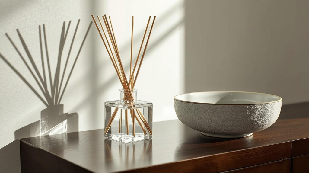 Clear reed diffuser with reeds on an entryway table beside a decorative bowl.