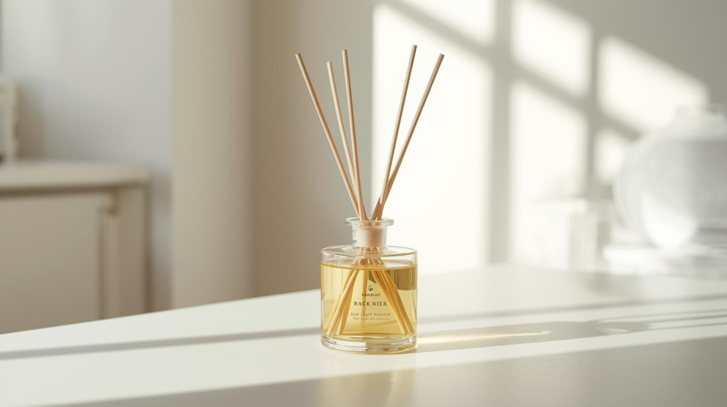  Yellow-tinted reed diffuser with reeds on a kitchen counter in natural daylight.