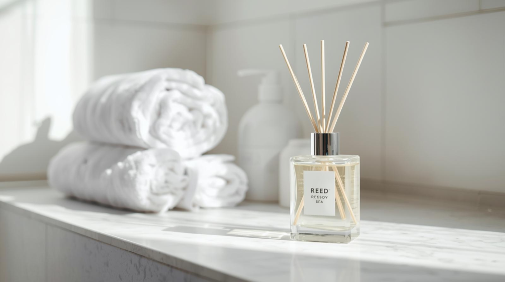 Clear reed diffuser with reeds on a bathroom counter beside folded white towels.