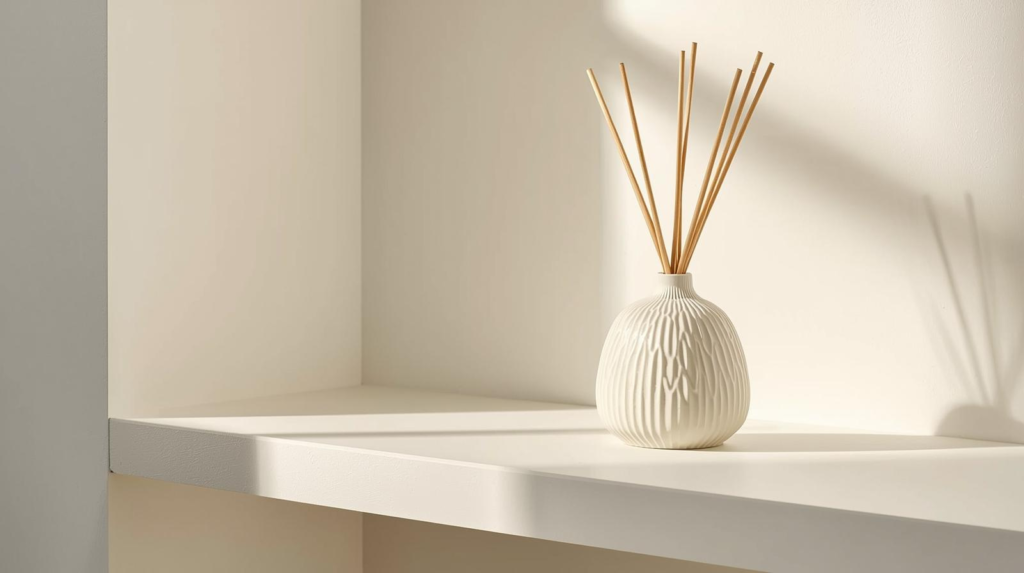 Ceramic reed diffuser with rattan reeds on a shelf in bright indirect light.
