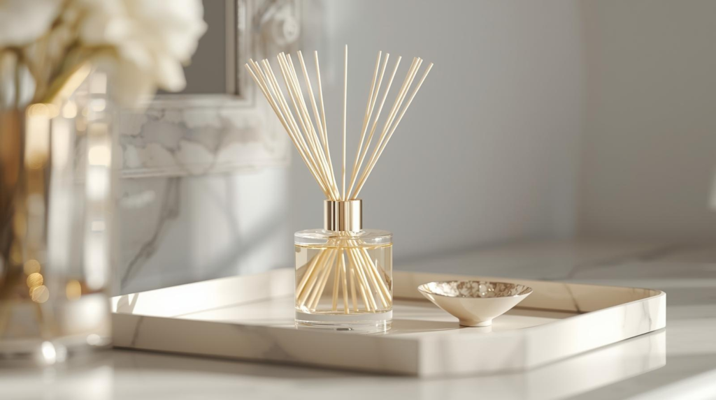 Pastel-toned glass reed diffuser with reeds on a vanity tray in soft natural light.