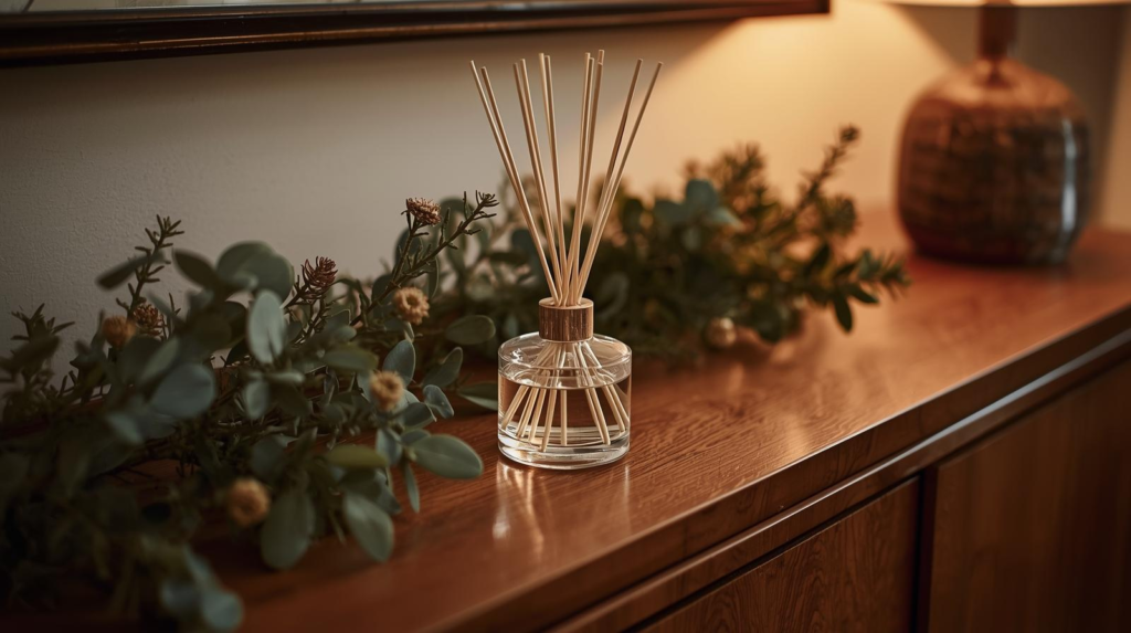 Simple glass reed diffuser with reeds on a bathroom shelf beside a small potted plant.