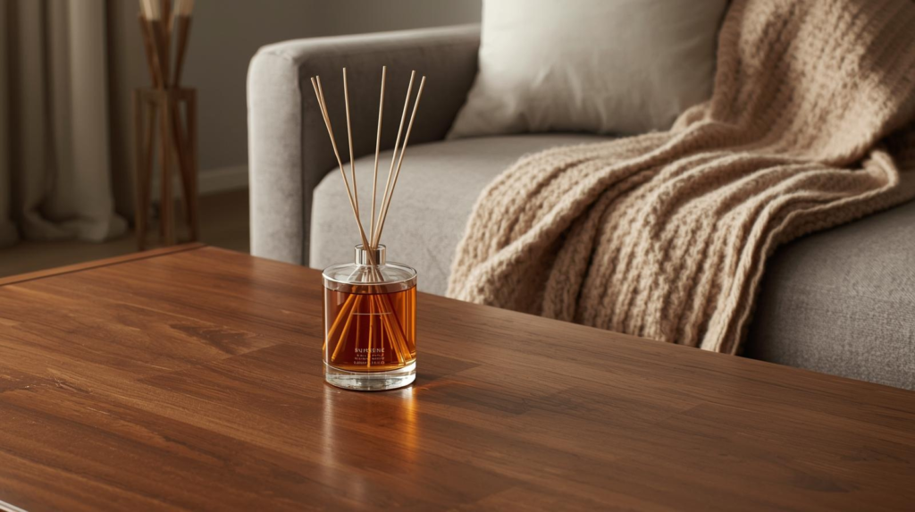 Dark glass reed diffuser with reeds on a sideboard under warm indoor lamp light.