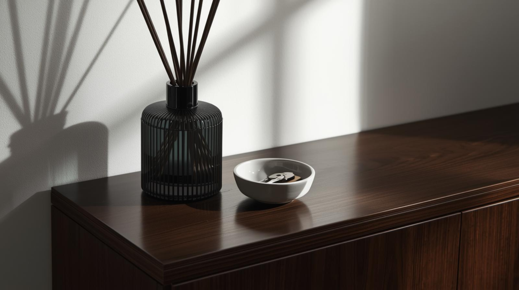 Amber-tinted reed diffuser with reeds on a coffee table beside a knit throw.
