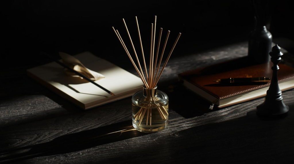 Bright-toned reed diffuser with reeds on a bedside table in soft morning light.