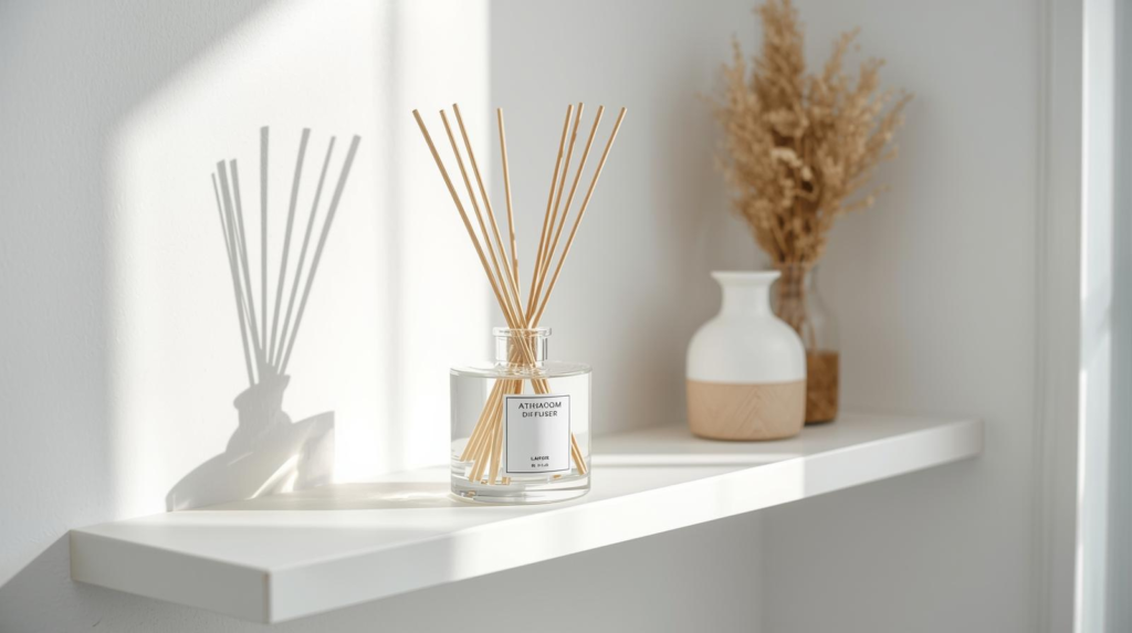 Compact glass reed diffuser with reeds on a bathroom tray beside soap and a small towel.