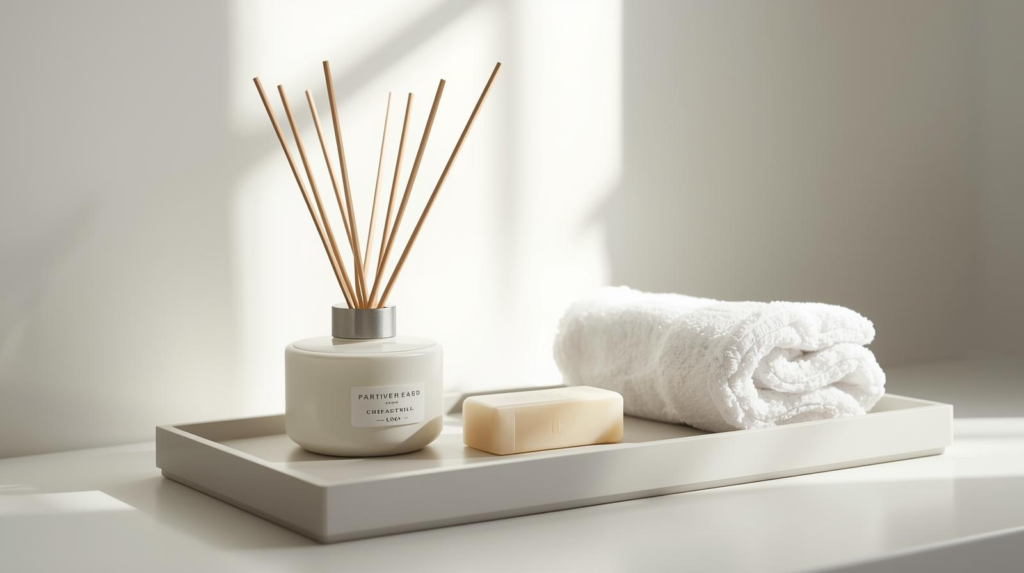 Clear reed diffuser with reeds on a bathroom shelf in bright natural light.