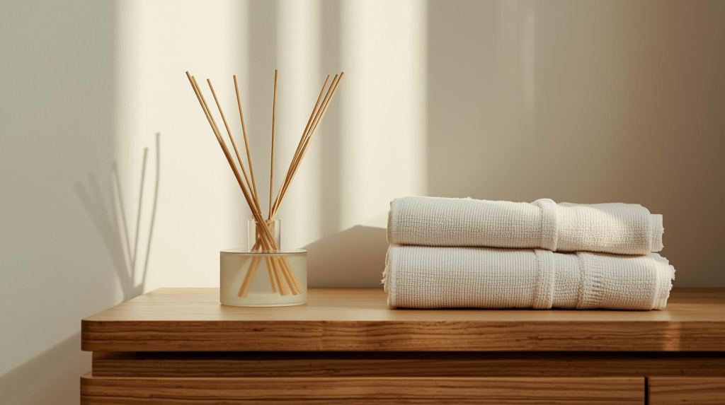 Reed diffuser with reeds on a kitchen counter beside a bowl of citrus in daylight.