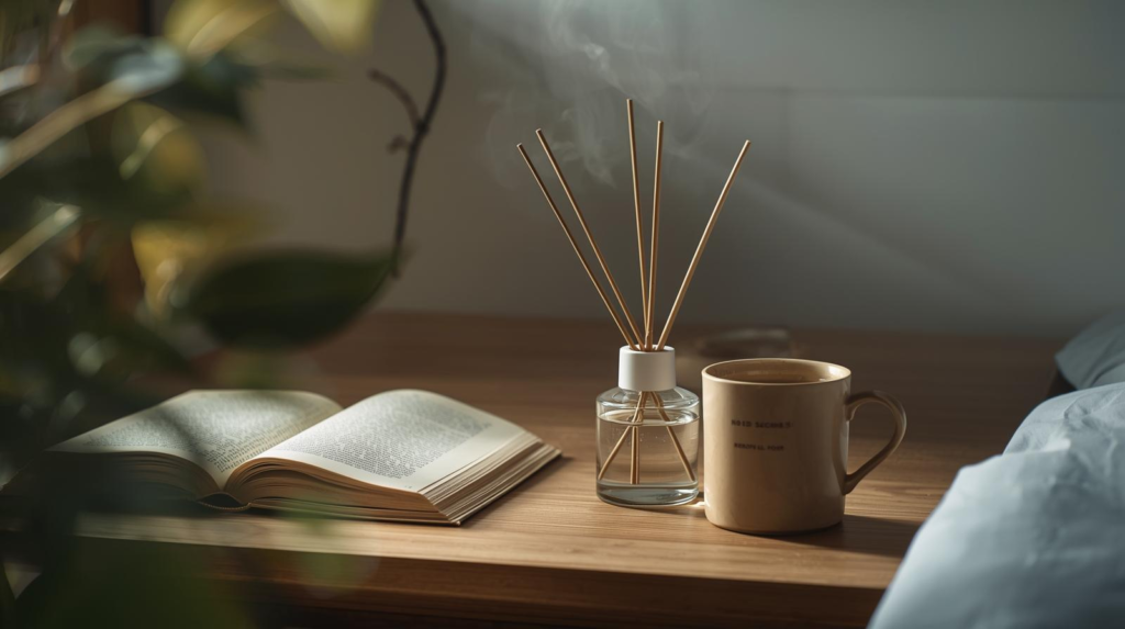 Glass reed diffuser with reeds on a mantel beside a folded throw under warm indoor light.