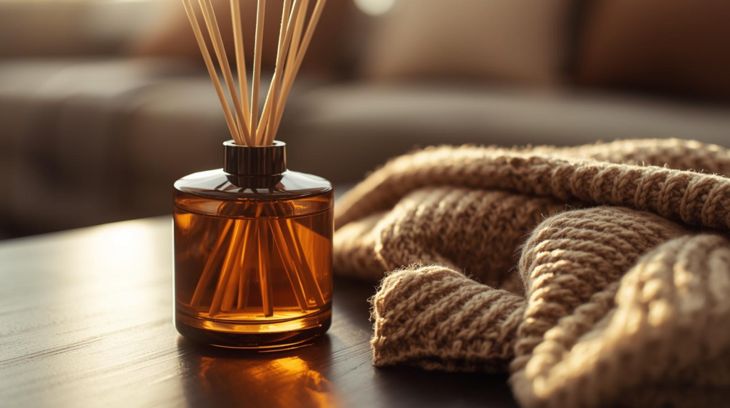 Dark-tinted reed diffuser with reeds on an entry console table in soft indoor light.