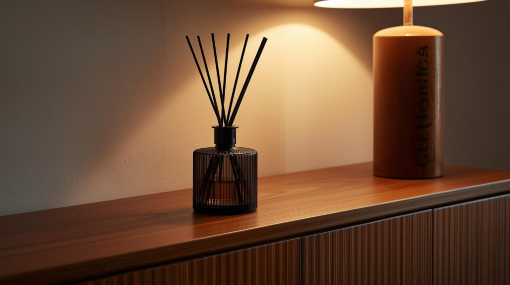 Amber reed diffuser with reeds on a coffee table beside a knit throw in soft light.