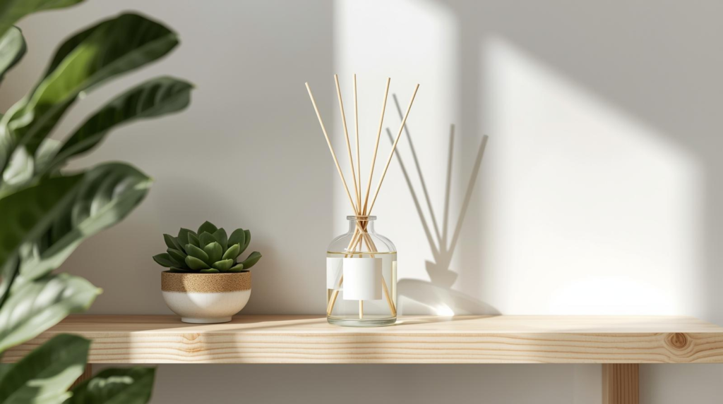 Reed diffuser with reeds on a sideboard next to subtle winter greenery decor under warm light.