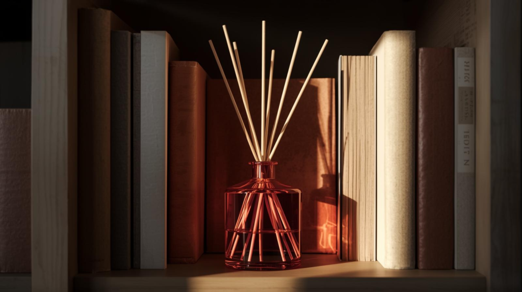 Reed diffuser with reeds on a console table with neutral holiday decor in warm indoor light.