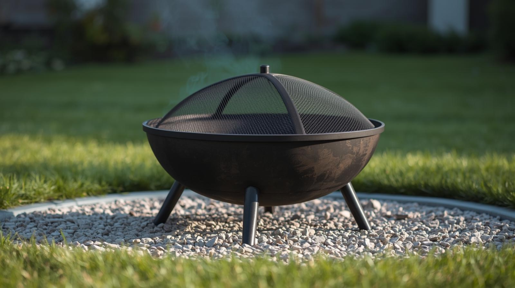Basic steel bowl fire pit with spark screen on a gravel pad in a backyard.