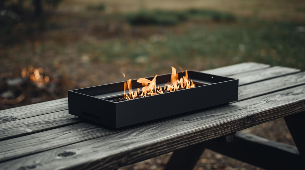 Compact portable fire pit near a campsite seating area with small controlled flames.