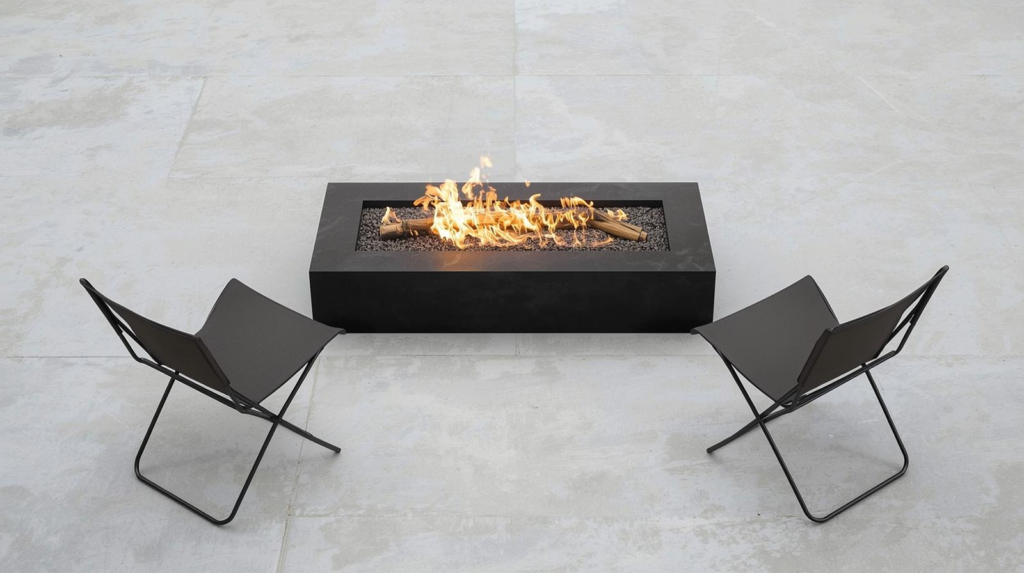 Rectangular smokeless-style fire pit on a small patio with two folding chairs and soft flames.