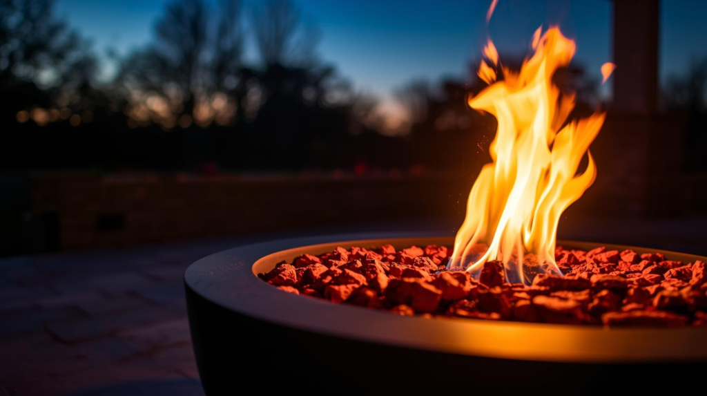 Propane firebowl with lava rocks on a patio producing a steady flame in the evening.