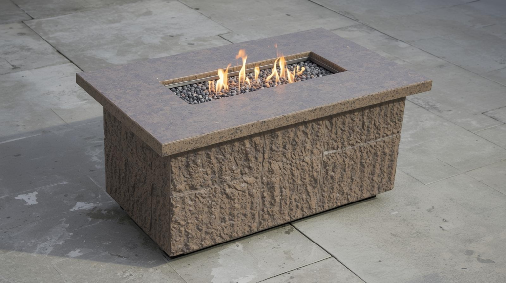 Rectangular propane fire pit table on a patio with a low flame over fire glass and seating nearby.