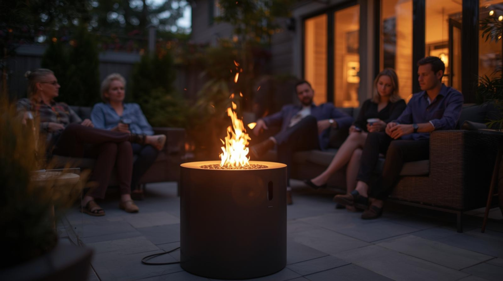 Modern propane heater-style fire pit on a patio at night with seating arranged at a safe distance.