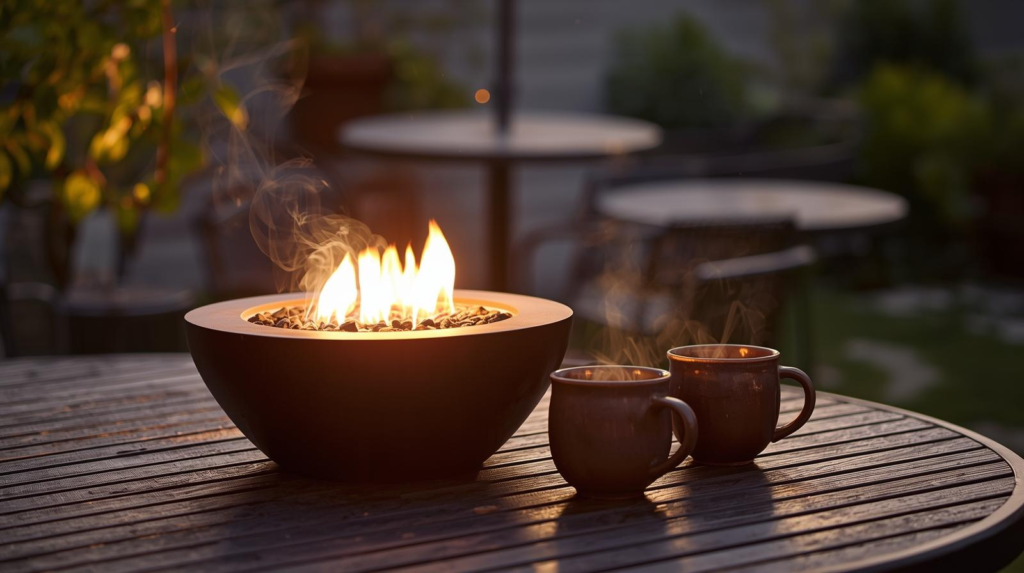 Small tabletop fire pit on an outdoor table with a warm flame and two mugs nearby in evening light.