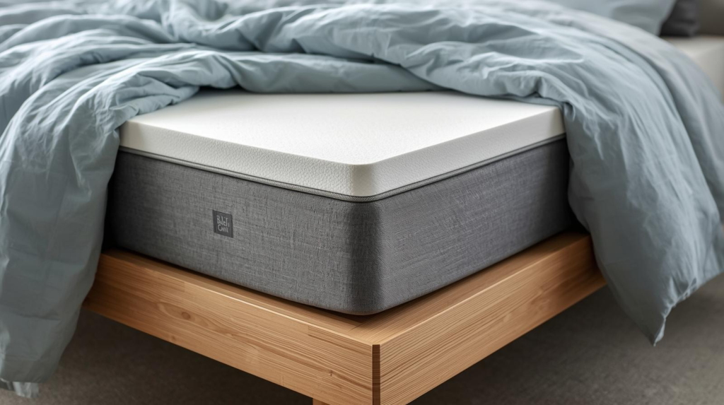 Thick foam mattress on a platform bed with breathable bedding in a cool-toned, daylight bedroom scene.