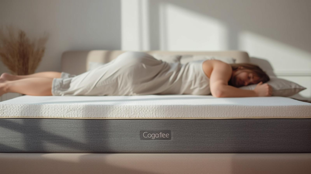 A person changing sleep positions on a foam mattress, suggesting easier movement in a calm, neutral bedroom.