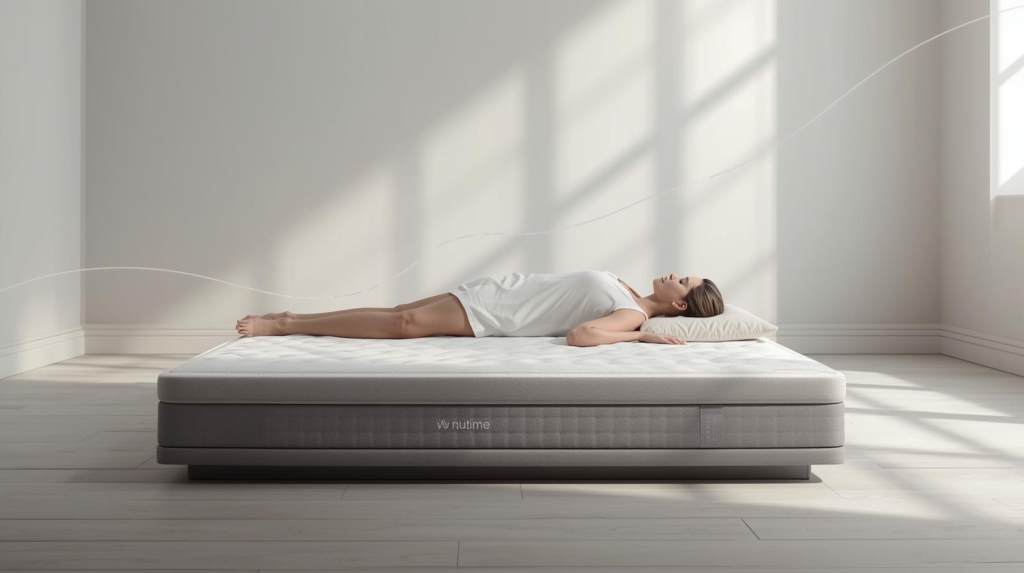Back sleeper on a foam mattress with an abstract alignment line indicating supportive spinal posture in a minimalist room.