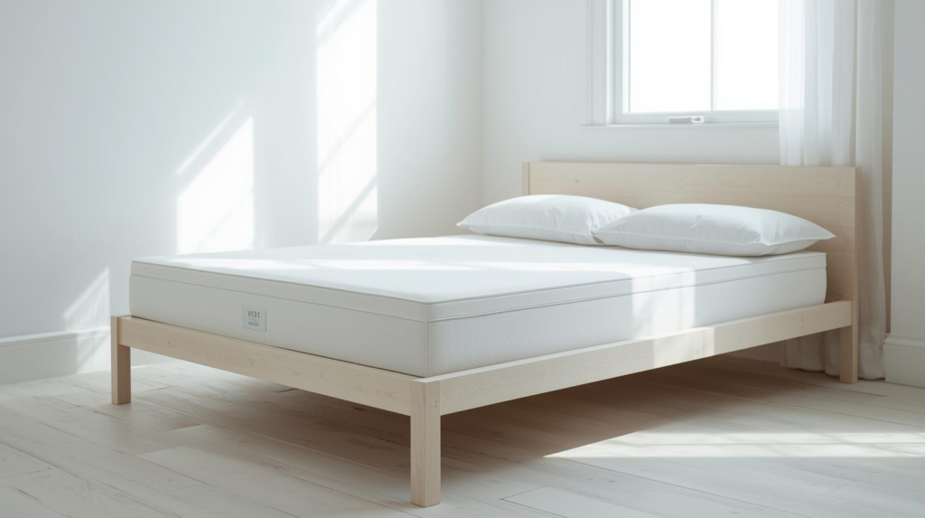 A simple guest room with a logo-free foam mattress on a basic bed frame in bright natural light.
