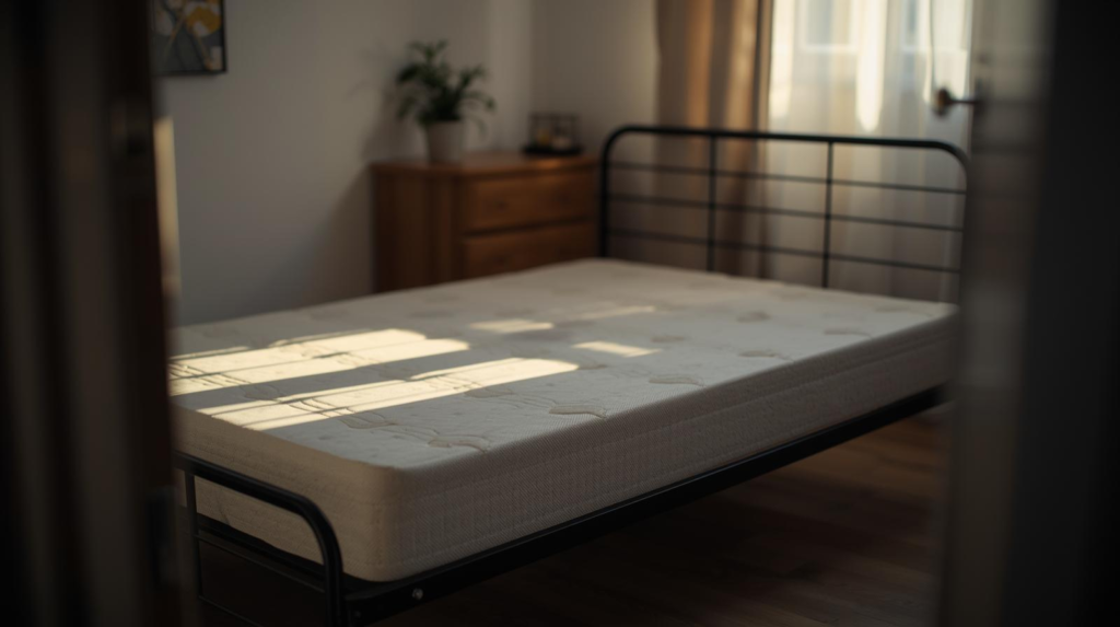 A budget-friendly foam mattress on a simple frame in a small apartment bedroom with warm lighting.