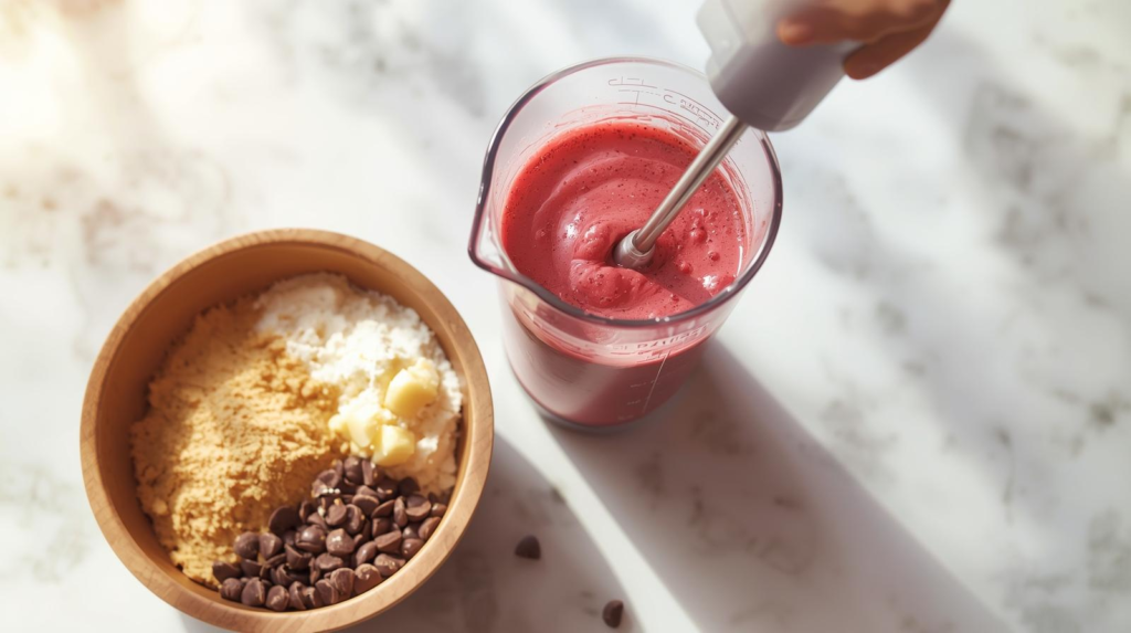Multi-function handheld blender mixing and blending beside baking ingredients, showing combined mixer and blender utility.