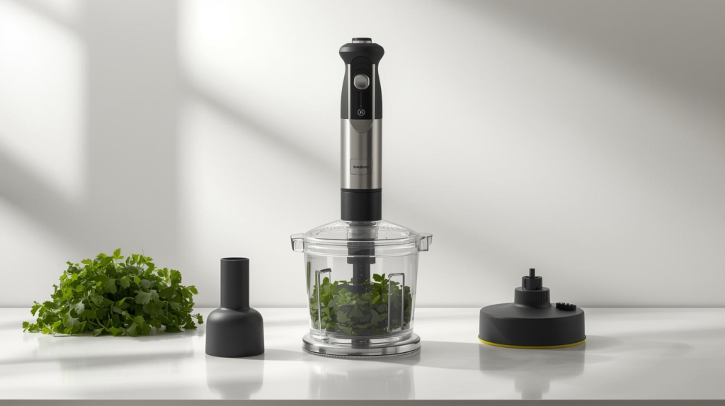 Immersion blender system powering a small processing bowl while chopping herbs, showing compact food-prep versatility.
