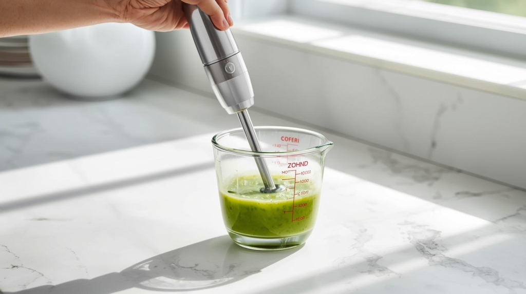 Handheld immersion blender emulsifying green dressing in a measuring cup, showing smooth texture and easy cleanup.