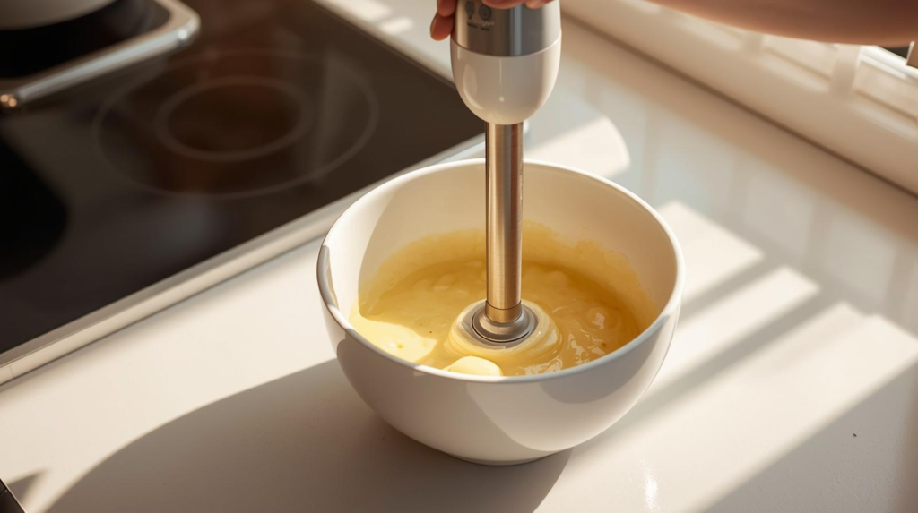 Cordless immersion blender mixing batter in a bowl near a stove, emphasizing freedom from cords and easy everyday use.