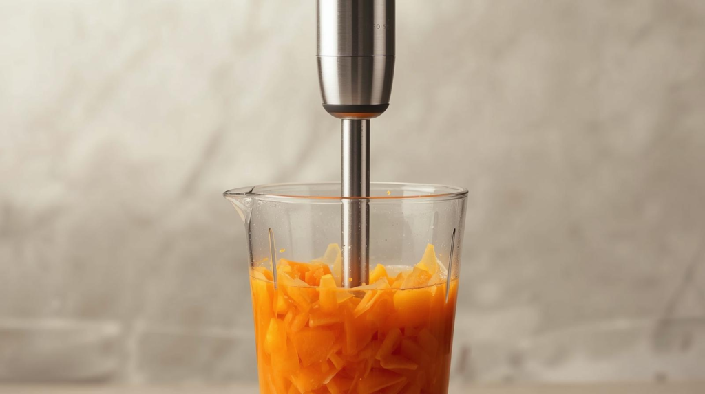 Simple immersion blender puréeing cooked carrots in a cup, showing an affordable tool for smooth baby food and soups.