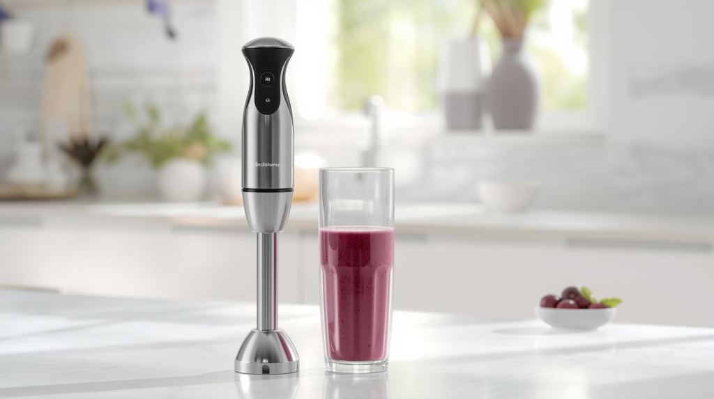 Handheld immersion blender blending a berry smoothie in a tall cup, highlighting an attractive starter tool for everyday drinks.