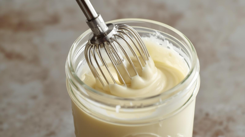 Immersion blender emulsifying mayonnaise in a jar, showing a durable, no-fuss tool for sauces and dressings.