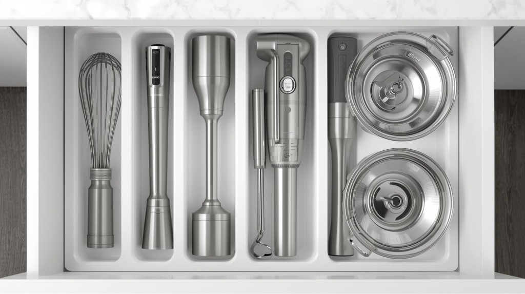 Cordless multi-attachment blender system organized in a drawer, emphasizing space-saving design and interchangeable tools.