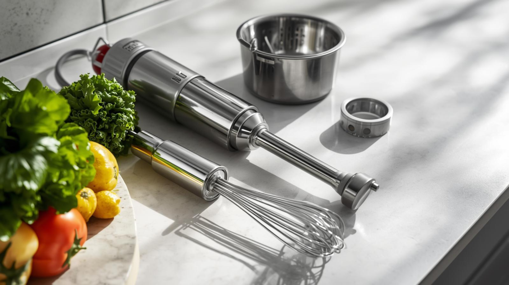 Immersion blender accessory kit with whisk and chopper bowl on a countertop, showing versatile prep options beyond blending.